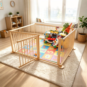 Parc de jeu pliable Montessori en bois naturel, peinture non toxique, barrière de sécurité multifonctionnelle pour bébés, forme réglable pour tout-petits - Product Image 2