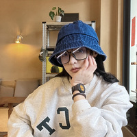 Topi Nelayan Denim Wanita Musim Semi Musim Gugur Retro Jepang Mahkota Bulat Pinggiran Lebar Pelindung Matahari Kepala Besar Serbaguna