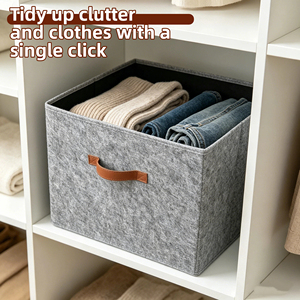 Cesto de Almacenamiento de Fieltro Gris, Cesto de Tela Plegable con Asa de Cuero, Caja Organizadora Plegable para Armario - Product Image 1
