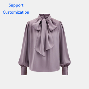 Camicetta in Raso Viola <span class=keywords><strong>con</strong></span> <span class=keywords><strong>Grande</strong></span> Fiocco al Collo, Maniche Lunghe a Sbuffo, <span class=keywords><strong>Colletto</strong></span> Alto, <span class=keywords><strong>Camicia</strong></span> da Ufficio per Donne Personalizzabile - Product Image 2