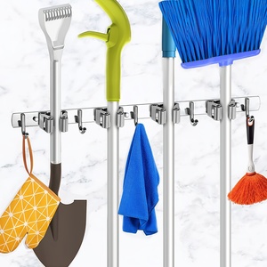 5 supports avec 4 crochets, porte-balais et porte-serpillères argenté, organisateur d'outils de <span class=keywords><strong>jardin</strong></span> et de cuisine, 4 supports, fixation murale - Product Image 1