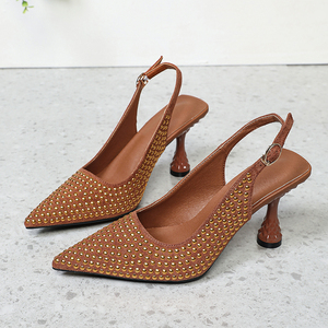 Eleganti Tacchi Slingback Marroni con Borchie per Donna, Scarpe con Punta <span class=keywords><strong>a</strong></span> Spillo e Rivetti Dorati, Sandali da Ufficio con <span class=keywords><strong>Tacco</strong></span> <span class=keywords><strong>a</strong></span> Spillo - Product Image 4