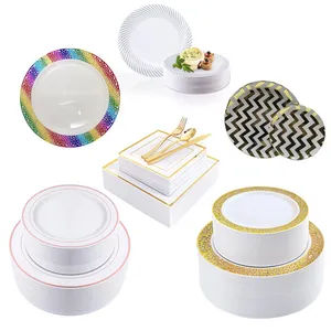 Assiettes plateau jetables en plastique, or, pièces, service de table, vaisselle pour le mariage