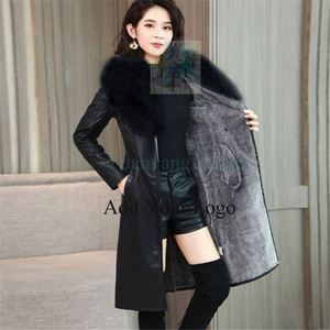Ampio colletto di lana abbigliamento invernale in <span class=keywords><strong>pelle</strong></span> da <span class=keywords><strong>donna</strong></span> felpato spesso medio e lungo 2022 coreano nuovo cappotto in <span class=keywords><strong>pelle</strong></span> a vita sottile - Product Image 3