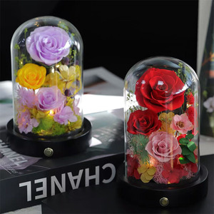 Dôme en verre avec roses LED stabilisées en gros, fleurs <span class=keywords><strong>éternel</strong></span>les avec hortensia et gypsophile, cadeau pour la Saint-Valentin et anniversaire - Product Image 4