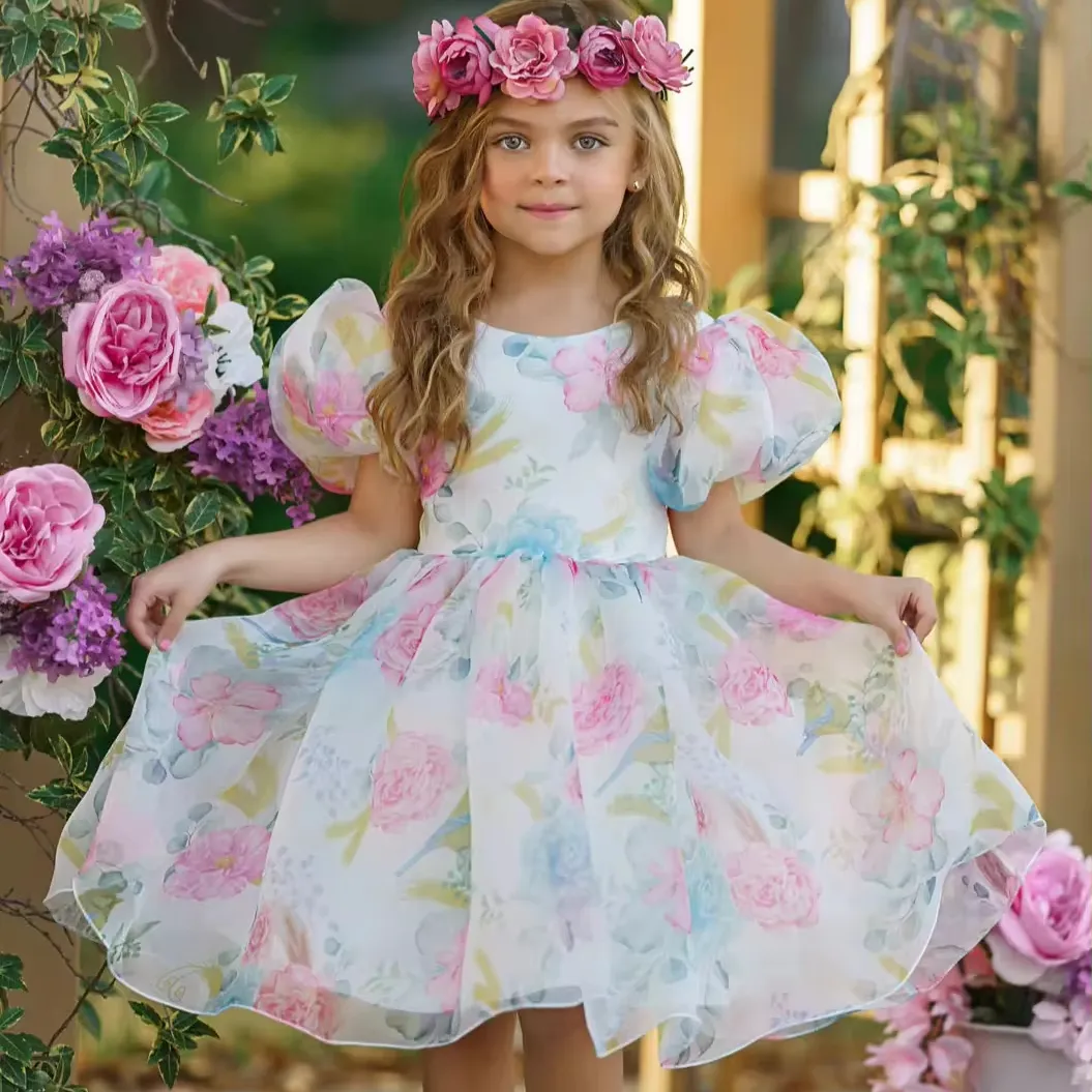 Zarif prenses elbise çiçek baskı organze kolsuz kızların resmi elbisesi küçük kız elbise resmi beyaz çiçek kız elbiseler