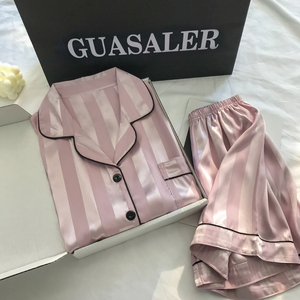 Penjualan laris piyama Satin wanita Fashion cetak sutra tipis lengan pendek setelan rumah Set untuk musim semi musim gugur penutup pinggang elastis