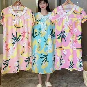 ชุดนอนลำลองของผู้หญิงพิมพ์ลายดอกไม้ชุดนอนเลานจ์สไตล์ชายหาดฤดูร้อนลูกไม้คอกลมผ้าไหม<span class=keywords><strong>นม</strong></span>โอเวอร์ไซส์เดรสเสื้อยืดใส่อยู่บ้าน - Product Image 2