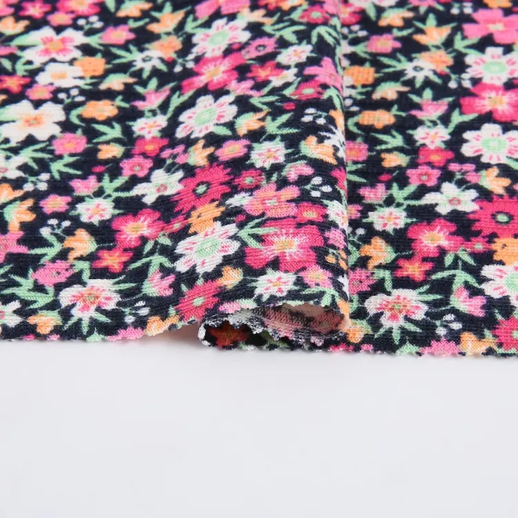 Custom TR 95%poly 5%spandex cotton variegated rib knit fabric floral printed 5*4 wide rib knit fashion fabric for clothing