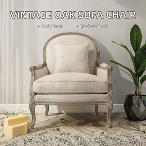 Divano <span class=keywords><strong>e</strong></span> Sedia in Stile Nord Europeo <span class=keywords><strong>e</strong></span> Americano, in Legno di Quercia con Seduta in Tessuto di Lino, Arredamento Vintage per Soggiorno - Product Image 2