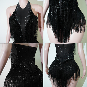 Justaucorps <span class=keywords><strong>Noir</strong></span> Onyx Spandex avec Strass et Franges pour Cabaret, Diva de Scène, Spectacle Burlesque, Performer, Danseuse - Product Image 6