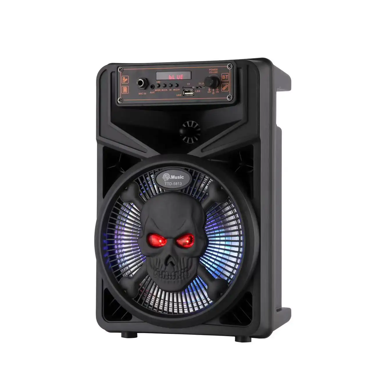 Speaker Troli Portabel Luar Ruangan Kotak Suara Subwoofer Sistem DJ dengan Lampu LED Home Theater Speaker TTD-5813 8 Inci Plastik Hitam