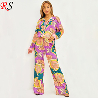 Grosir kemeja berkancing Musim Semi Oem dan celana kaki lebar set Satin bermotif untuk wanita musim gugur