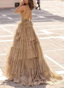 Vestidos de Noche Elegantes de Alta Calidad con Escote en V y Volantes en Línea <span class=keywords><strong>A</strong></span>, Diseño de Vestidos de Fiesta con Capas - Product Image 2