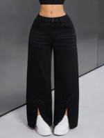 Jeans droits classiques délavés pour femme, style streetwear, coupe ample à ourlet brut vintage, vente en gros