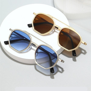 Custom Logo 2026 Vintage Men Women Double Bridges Polygon <b>Sunglasses</b> UV400 Blue <b>Gradient</b> Shades Metal Square Sun Glasses - Product Image 2
