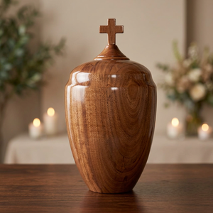 Wood Grain Jar Pet Cremation <b>Urn</b> with Cross Top Classical Memorial Keepsake for Dog <b>Cat</b> Funeral Home Display - Product Image 2