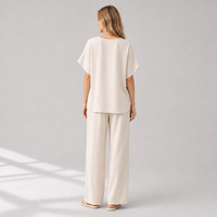 Ensemble deux pièces en viscose slub beige pour femme, haut à manches courtes et pantalon large, vente en gros, marque privée, usine OEM ODM
