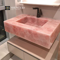 Lavabo en cristal de quartz rose naturel translucide rétroéclairé de luxe avec éviers intégrés