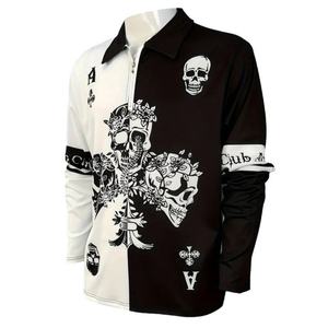 Camiseta Polo Personalizada con Estampado de Calavera en Blanco y Negro, Estilo Urbano, Holgada, Transpirable, con Cierre de Cremallera y Solapa - Product Image 2