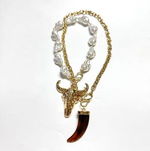 <span class=keywords><strong>Collana</strong></span> <span class=keywords><strong>con</strong></span> Pendente Hip Hop in Oro a Forma di Dente di Tigre, <span class=keywords><strong>Lupo</strong></span> o Testa di Toro, <span class=keywords><strong>con</strong></span> Doppia Catena, Perle e Agata Marrone, Gioiello di Lusso per Feste Femminili - Product Image 4