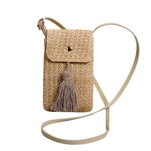Sac à bandoulière en paille imperméable avec pompon pour les vacances d'été, petit sac pour téléphone portable pour femmes - Product Image 1