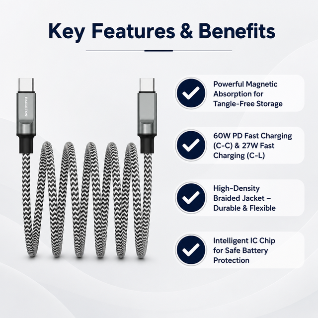 60W Nylon Braided Magnetic Self Winding Type C Cable Pure Copper Conductor USB 2.0 Fast Charging for Mobile