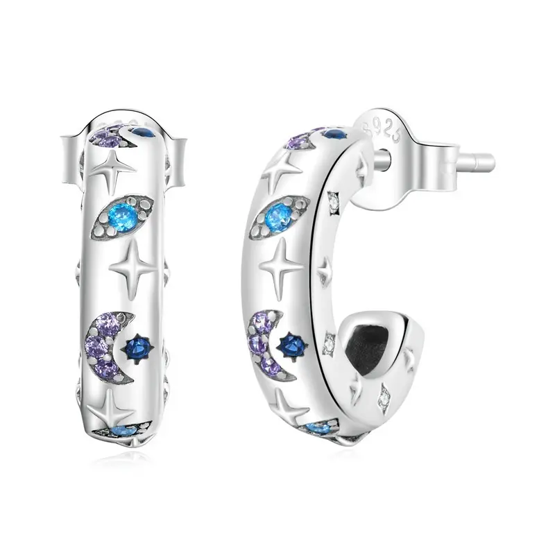 Perhiasan batu berwarna desain asli S925 perak murni zirkonia kubik bintang bulan mata jahat berbentuk C anting-anting Huggie untuk anak perempuan