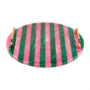 Luxury Epoxy Decorative Round Resin Serving Tray with Pink and Green Striped Pattern Gold Handles Artistic Home Decoration Etc - Product Image 1