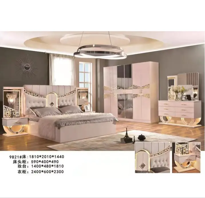 Elegan आधुनिक राजा आकार लक्जरी बेडरूम सेट अफ्रीकी शैली सोने नजर आता है एलईडी रोशन बिस्तर कमरे में फर्नीचर बेडरूम सेट