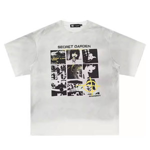 230g 100%コットン クルーネックTシャツ、ロックバンドアメリカンプリント、ウォッシュド加工ヴィンテージトップ、夏向けカジュアルルーズフィット - Product Image 1