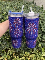 Tumbler Vakum Isolasi Stainless Steel 40oz Desain Berlian Bendera Amerika, Kembang Api, Batu Rhinestone, Petasan Patriotik