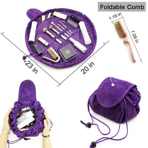 High Quality New Design Fashion Travel Round Make Up Bag Portable Soft Velvet Cosmetic Pouch Drawstring Cosmetic Bag