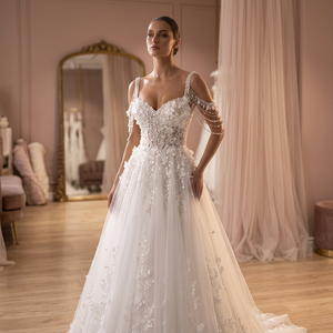 Hand Beaded Sleeveless O-Neck Modern Bridal Dress Crystal Embroidery Draped Satin Skirt Natural Waistline Floor-Length Sweep - Product Image 4