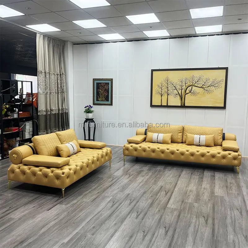 Desain Italia modern kursi suite sofa villa set furnitur ruang tamu tombol berumbai 3 4 dudukan Sofa kulit