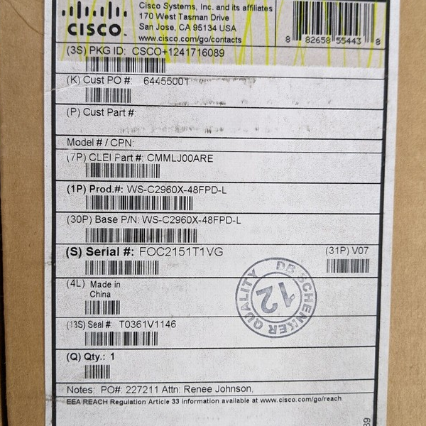 Plc Ws-c2960x-48fpd-l 48 Poe+ Ge+2 10g Sfp+, Lan Base (740w) Open Box for Warranty Product Discontinued