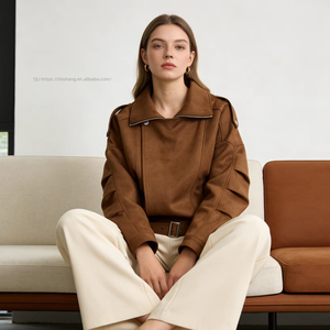 Women's Suede Moto Belted Waist Lapel Collar Casual Streetwear Outerwear Fashion - Product Image 2