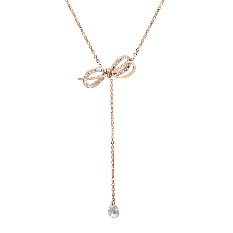 Fancy Rose Gold Plated Zircon CZ Water Drop Choker Necklace Titanium Steel Bow Knot Link Chain Necklace For Women Gift