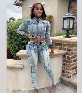 Yüksek kaliteli kadın Denim kıyafetler pamuk mahsul ceket uzun kot 2 parça Set rahat Streetwear kızlar Denim iki parçalı Set kadınlar - Product Image 4