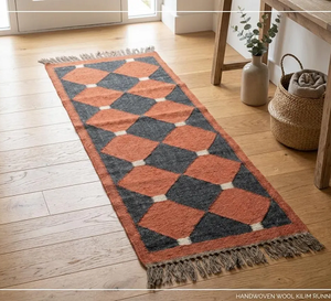 Terracotta Black Wool Jute <b>Runner</b> <b>Rug</b> Handmade Geometric Kilim Carpet Accent <b>for</b> Southwestern Boho Farmhouse Hallway Entryway - Product Image 5