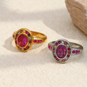 Women's 18K Gold Plated Cocktail <b>Ring</b> With Natural Oval Ruby Bezel Setting And Pink Gemstones Glam Engagement <b>Statement</b> <b>Ring</b> - Product Image 4
