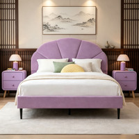 Lit plateforme rembourré en velours violet clair avec tête de lit incurvée en forme d'éventail, taille double, pour chambre de fille