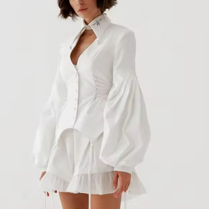 Nouvelles Chemises <span class=keywords><strong>Polo</strong></span> Tendance et Élégantes en Coton Creux, Blouse Ample à Manches Longues Bouffantes, Hauts Décontractés Blancs pour Femmes - Product Image 1