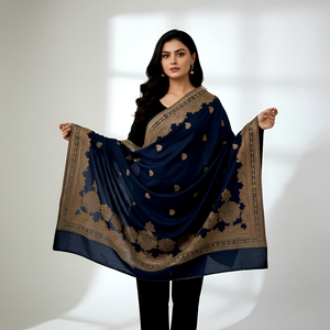 Chal de Lana Azul con Diseño Floral, Suave y Cálido, Estilo Étnico, para Mujer, Ideal para Bodas y Fiestas de Invierno, Estilo Indio y Pakistaní - Product Image 1