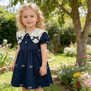 2026 Sommer <span class=keywords><strong>Baby</strong></span> Mädchen Kleid Blau <span class=keywords><strong>Baby</strong></span> Mädchen Kleidung Spitzenkragen Baumwolle Prinzessinnenkleid Stickerei Schleife Kleinkind <span class=keywords><strong>Baby</strong></span> Mädchen Kleid - Product Image 2