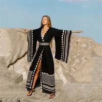 2026 noir caftan Kimono tunique femmes auto-serré imprimé été plage robe grande taille maillot de bain couverture dos cou Logo col en v