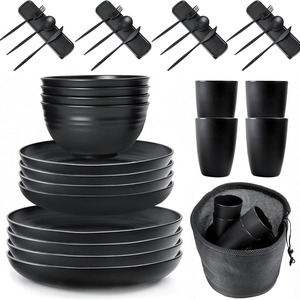 Juego de Vajilla de Paja de Trigo al por Mayor, 24 Piezas, Platos, Tazones, Tazas <span class=keywords><strong>y</strong></span> <span class=keywords><strong>Cubiertos</strong></span> Negros Mate con Bolsa de Malla, Vajilla Portátil para Exteriores - Product Image 1