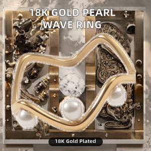 Bague élégante vintage haut de gamme en acier inoxydable plaqué or PVD 18 carats avec petite perle de laboratoire et motif vague, étanche et inaltérable - Product Image 2