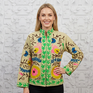 Chaqueta Bohemia Tradicional Acolchada, Bordada con Flores Multicolores, Hecha a Mano, de Lona de Algodón, Abierta por Delante, Transpirable - Product Image 1