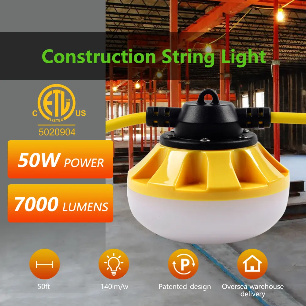 US-Lager LED-Lichterketten ETL-zertifiziert 140lm/w 50FT 50W 7000lm Temporäre Beleuchtung Baustellen leuchten